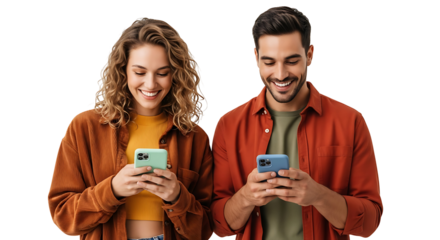 Smiling Couple Using Smartphones Cell Phone Communication Social Media Connection