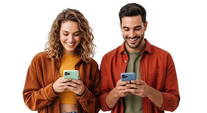 Smiling Couple Using Smartphones Cell Phone Communication Social Media Connection