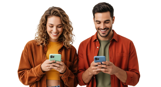 Smiling Couple Using Smartphones Cell Phone Communication Social Media Connection