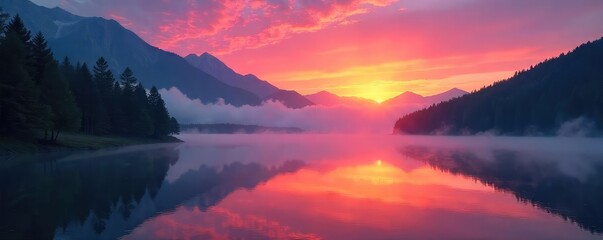 Serene sunrise over a misty mountain lake, reflecting the vibrant colors of the dawn Perfect for travel, nature, and serenity themed projects , exploration, nature, outdoors