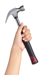 A hand gripping a hammer with a silver head and black handle on a white background