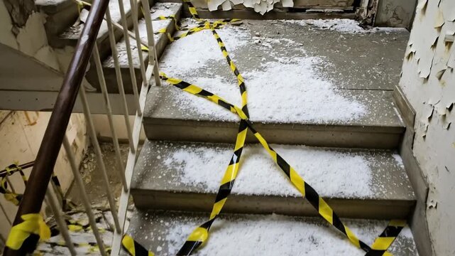 Staircase with caution tape signifying restricted access and hazard