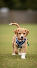 Energetic puppy running in the grass with a harness.