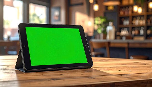 A tablet with a green screen rests on a wooden table, in a cafe. The background is blurred, showing a bar and warm lighting - Powered by Adobe