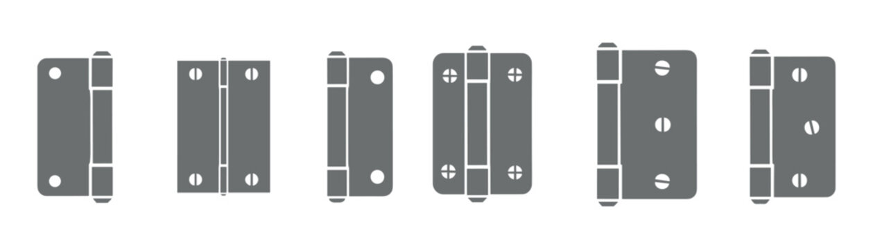 Gray metal hinge vector design element. Door hardware components presented in various angles