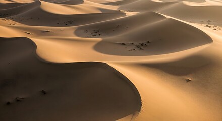 Sweeping desert sand dunes creating strong curves and contrasting light and shadow patterns at sunrise or sunset.