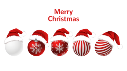 Festive holiday ornaments wear Santa hats, announcing Merry Christmas joy