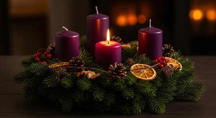 Traditional Advent Wreath With Purple Candles Celebrating The First Sunday Of Advent
