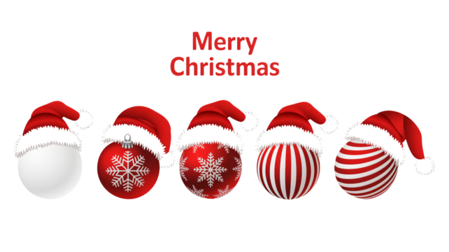 Festive holiday ornaments wear Santa hats, announcing Merry Christmas joy