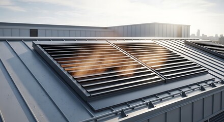 Modern Building Rooftop Ventilation System with Louvers Against Bright Sky