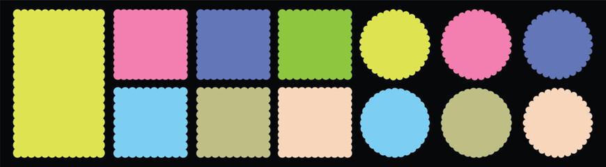 Geometric shapes with scallop and zigzag edges set.  Color rectangle and circle frames with wiggly borders. Zig zag edge circle, square shape collection.   