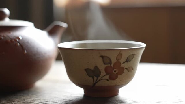 A cup of hot tea next to a traditional teapot
