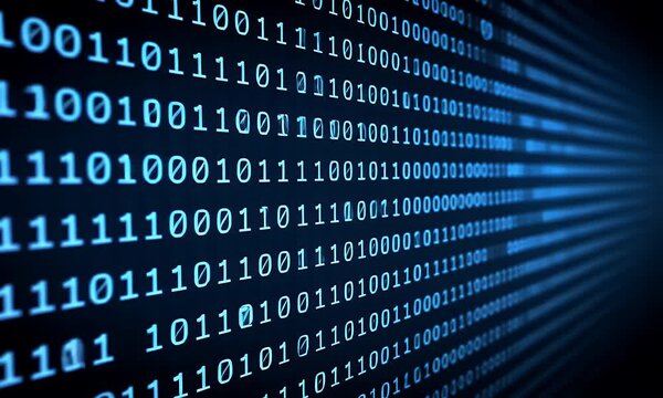Abstract dark digital background with glowing binary code patterns and geometric shapes creating a futuristic technological aesthetic for design projects