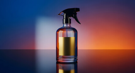 Clear spray bottle with blank gold label ready for customization design