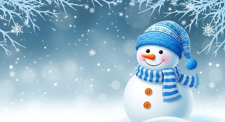 Charming smiling snowman with blue hat and scarf, perfect for holiday greetings and winter promotions, capturing the joyful essence of the season