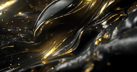 Abstract representation of flowing black and gold liquid textures with shimmering highlights - Powered by Adobe