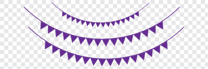 Colorful Party Flags With Confetti And Ribbons Falling On Transparent Background. Celebration Event & Happy Birthday. Multicolored. Vector illustration Gold and Violet color. EPS 10.