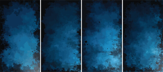 Set of abstract grunge texture background in deep blue and navy, featuring ink splatters, distressed edges, and layered brushstroke effects — vector panel collection