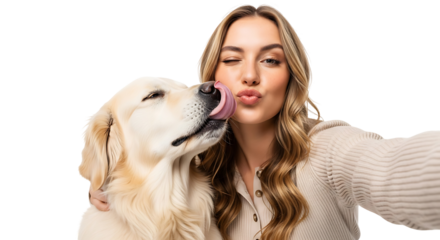 Affectionate Woman Bonding with Golden Retriever Licking Face Selfie Friendship