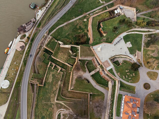 Aerial top view to Kalemegdan fortress at Belgrade. Summer photo from drone. Serbia.