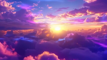 A vibrant sunset sky with clouds in purple, pink, and orange hues - Powered by Adobe