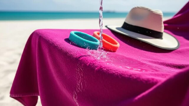 Beach scene with vibrant pink towel hat and accessories