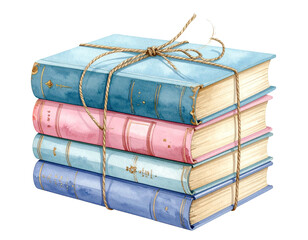 Stack of pastel books tied with twine, watercolor style, against a black backdrop
