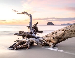 A weathered, fallen tree trunk rests on a sandy beach at the edge of the water. A gentle sunset fills the sky