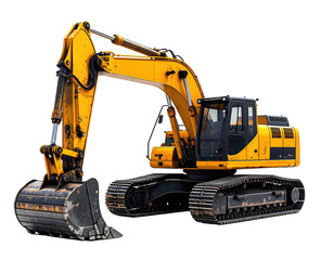 Bright yellow excavator with tracks and bucket, isolated against a black background
