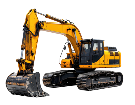 Bright yellow excavator with tracks and bucket, isolated against a black background