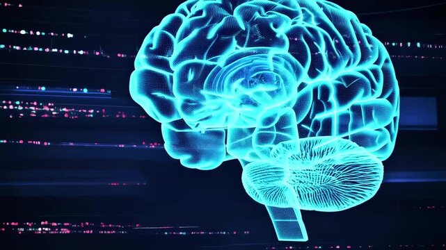 A glowing, futuristic brain with data streams against a dark background - Powered by Adobe
