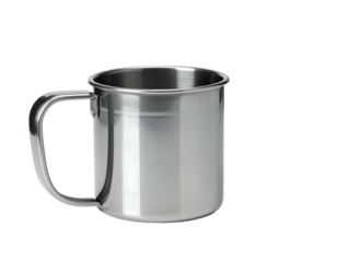 Shiny metal camping mug with a curved handle
