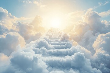 Heavenly glowing staircase rising into bright sunlight over a serene cloud landscape.