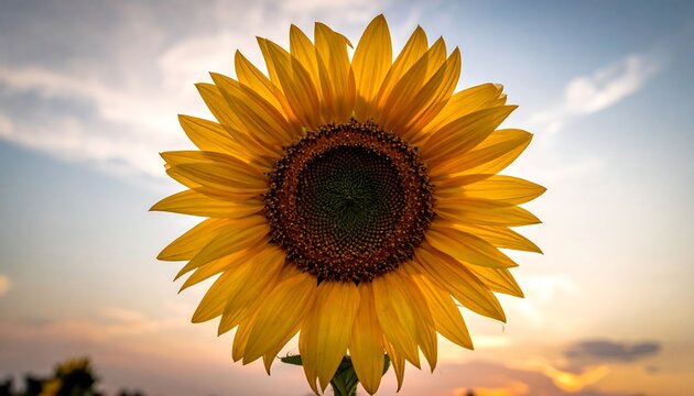 A vibrant, close-up shot of a sunflower in full bloom against a soft, colorful sky at sunset