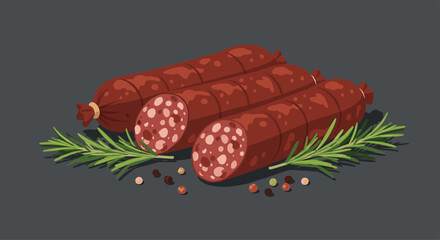 Pixel art illustration of three whole salamis with one cut in half showcasing its cured meat texture and peppercorns on a dark background.