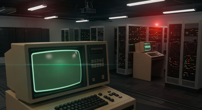 Retro computer lab with a focus on vintage technology. This image captures the essence of a bygone era, with its retro computers and associated machinery. 