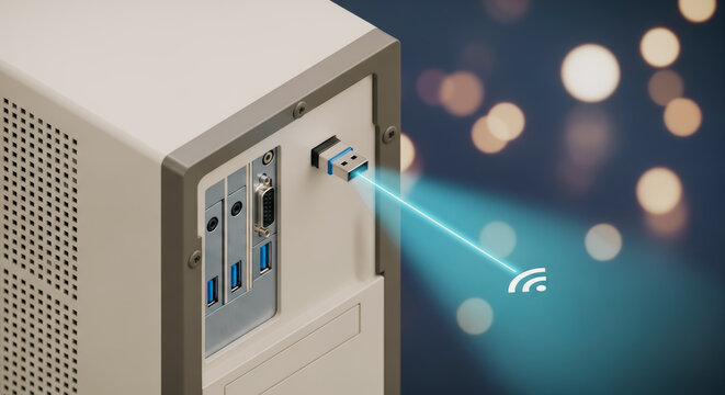 An image showing a modern computer system, connected to a wireless internet network, with the glowing symbol of a WiFi signal, symbolizing seamless data transfer.