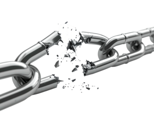 A close-up of a shiny, metal chain violently broken in half, on a black background