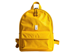 Bright yellow backpack with a front pocket and a small white square, isolated