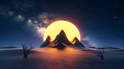 A digital art composition of a solitary landscape under the sun and stars