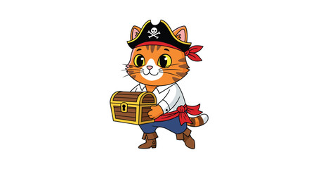 A cute pirate cat carrying a treasure chest full of gold and jewels.