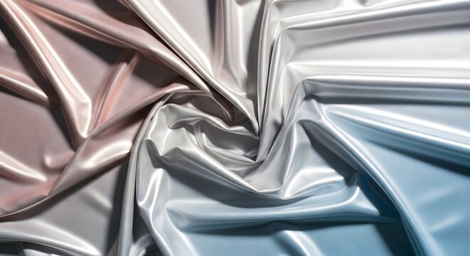 Abstract background of swirling, glossy silk or satin fabric texture transitioning from rose gold to silver-blue tones. - Powered by Adobe