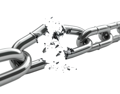 A close-up of a shiny, metal chain violently broken in half, on a black background - Powered by Adobe