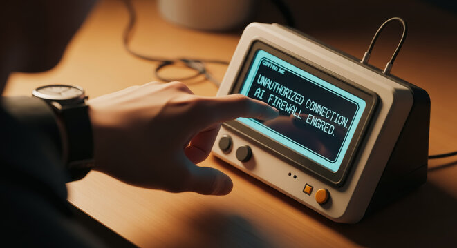 A person interacting with a futuristic retro-styled monitor displays the Unauthorized Connection at Firewall Engaged alert. The scene is of a person interacting with technology.