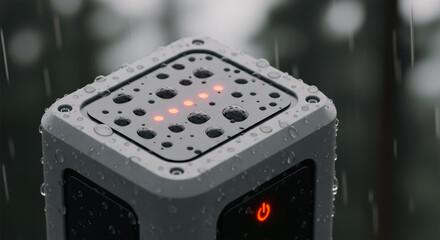 Fototapeta premium A modern, waterproof electronic device, glistening with raindrops, showcasing resilience against the elements. The focus is on its intricate design, durability.