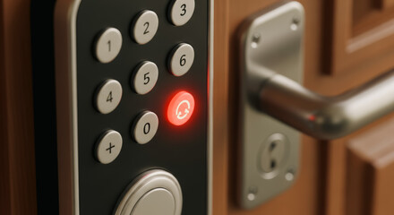 Close-up shot of a sophisticated keypad lock, showing its modern security and accessibility features, the integration of advanced technology.