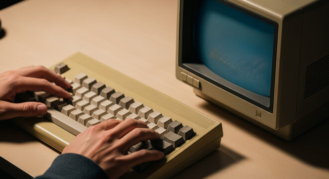 A person engrossed in typing on a vintage computer keyboard, retro screen glowing, conveying a sense of nostalgia for classic technology and early computing.