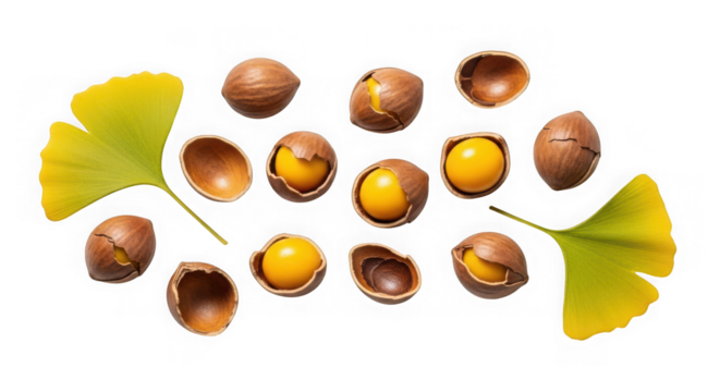 Ginkgo nuts with leaves and shells, top view
