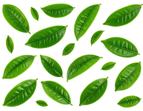 Isolated close-up of assorted green leaves with yellow outlines on a black backdrop