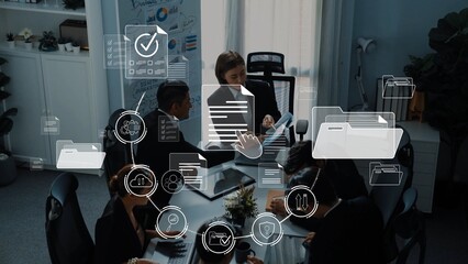 A dynamic business meeting showcases a diverse team collaborating through digital tools, emphasizing innovation, strategy, and efficient project management in a modern workspace. Raster